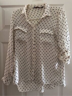 Zara Basic Cream and Black Polka Dot Button-Front Blouse